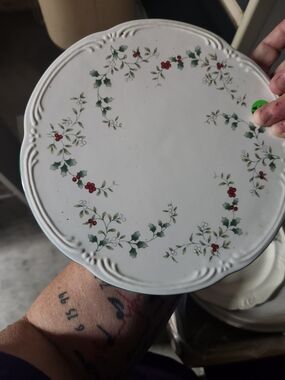 Holiday Holly Pattern Ceramic Footed Serving Plate - White with Green & Red